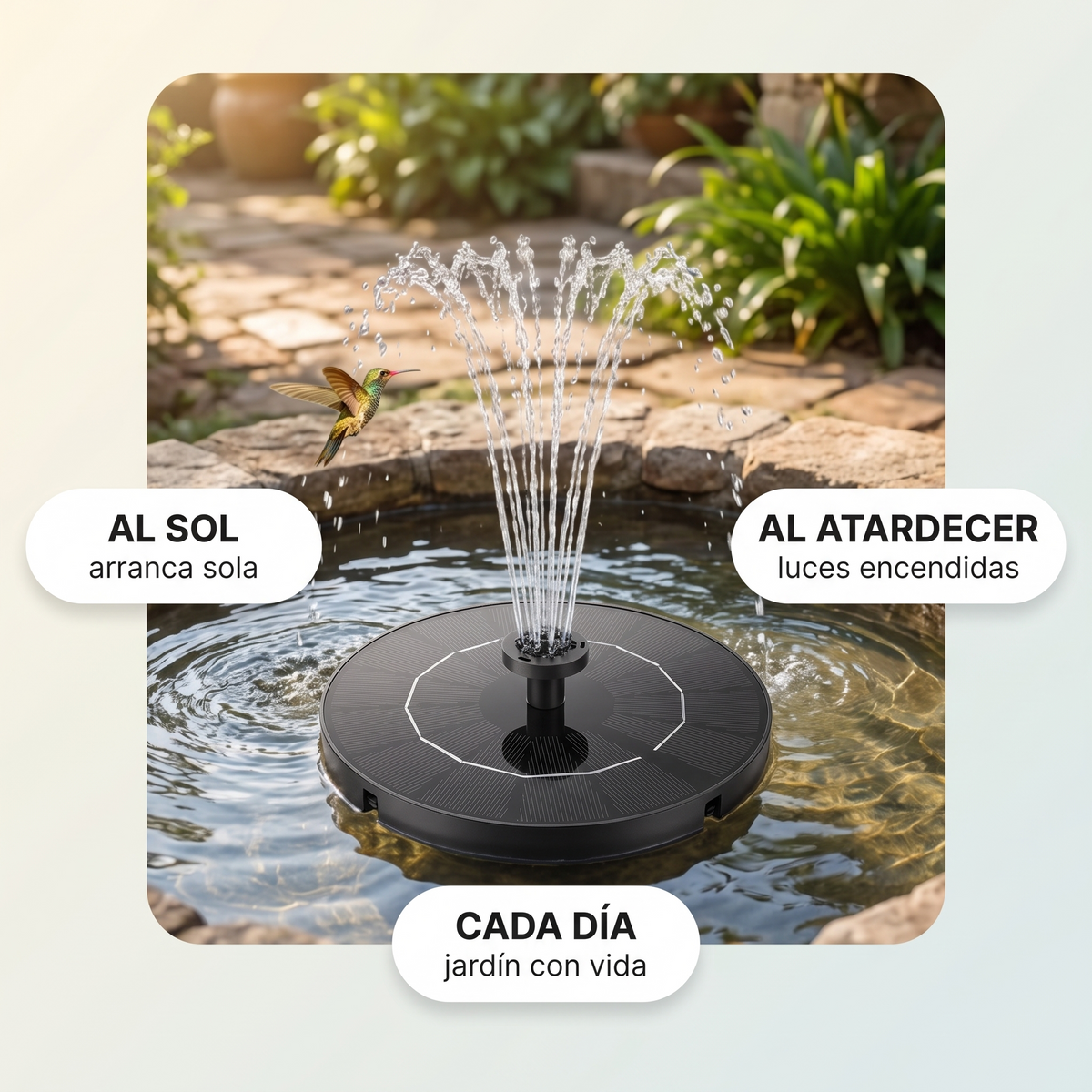Fuente solar flotante con luces LED – Agua sin cables