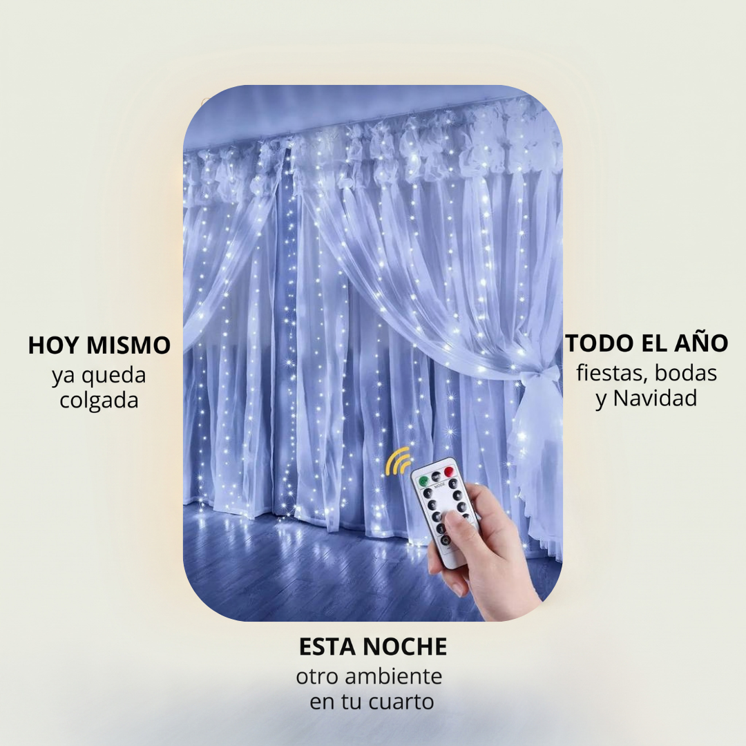 3x3M Cortina de luces LED con control remoto – Luz cálida al instante