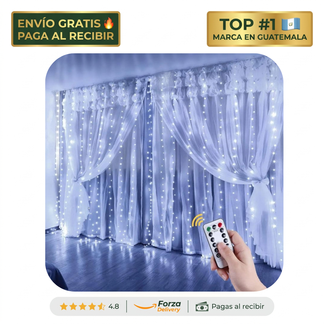 3x3M Cortina de luces LED con control remoto – Luz cálida al instante