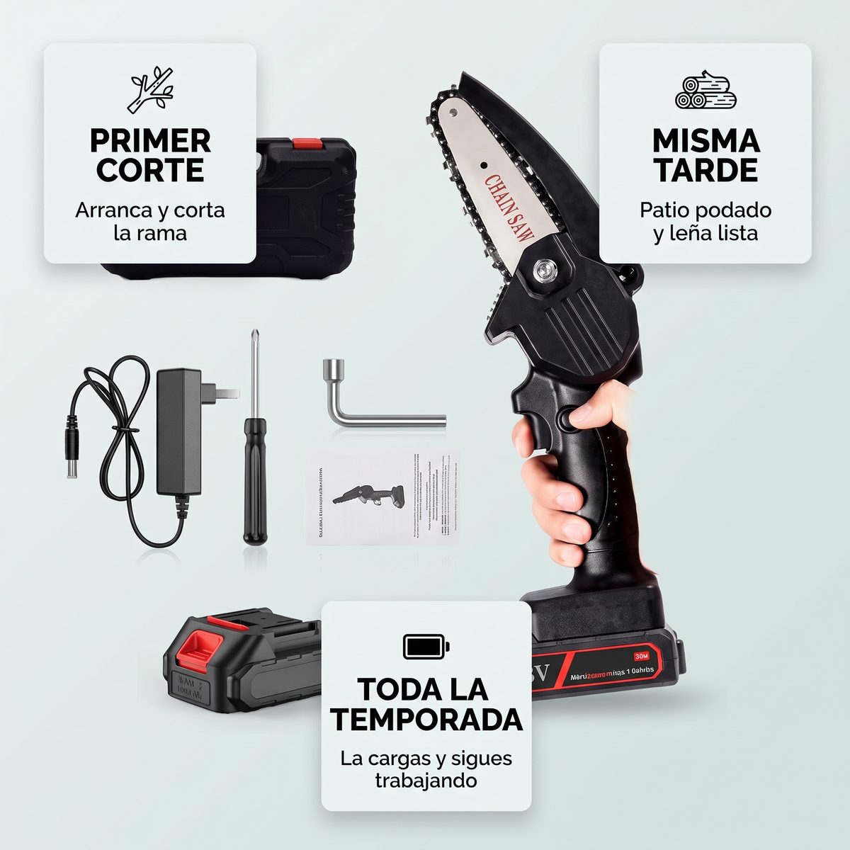 Mini sierra eléctrica a batería – Corta ramas con una mano