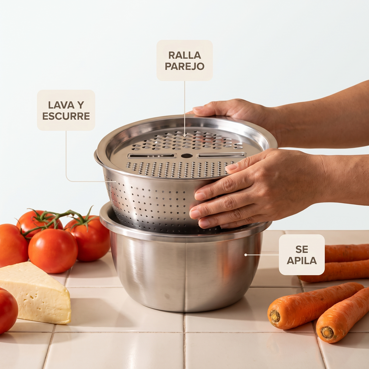 Set de cocina 3 en 1 de acero – Lava, escurre y ralla