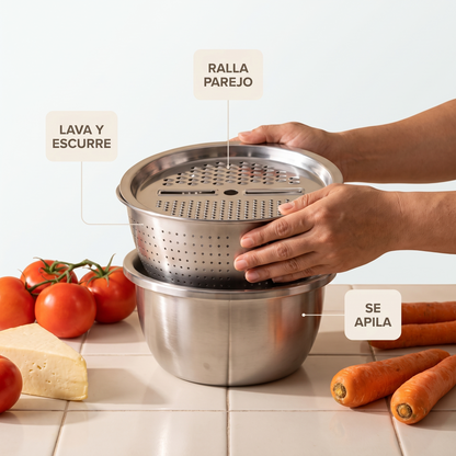 Set de cocina 3 en 1 de acero – Lava, escurre y ralla