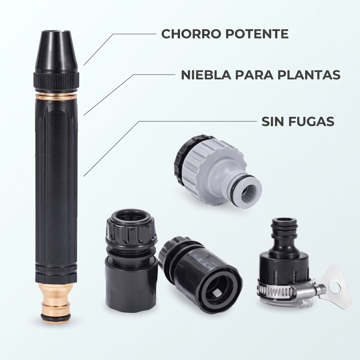 Boquilla giratoria con adaptadores – riega y limpia sin fugas