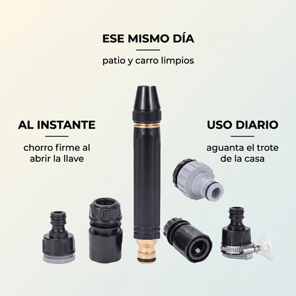 Boquilla giratoria con adaptadores – riega y limpia sin fugas