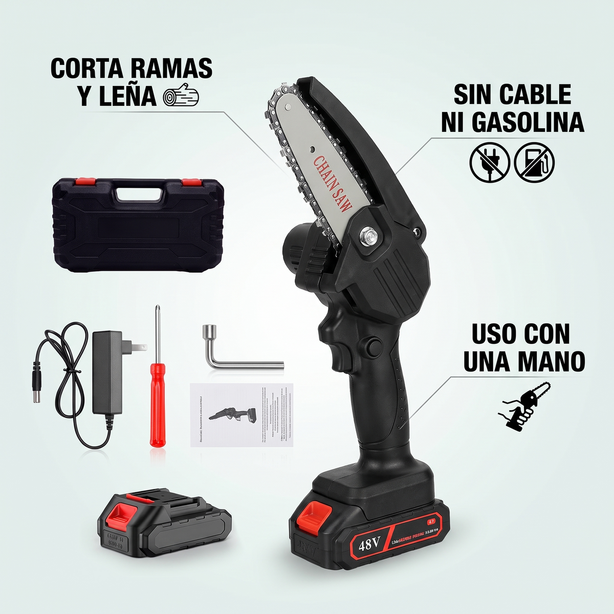 Mini sierra eléctrica a batería – Corta ramas con una mano
